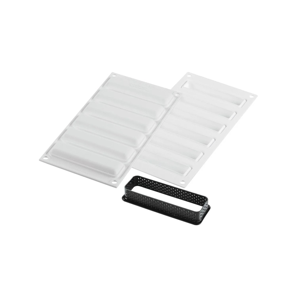 KIT TARTE RING RECTANGULAR 120x35 MM - SET SILICONE MOULD 107X23 + 6 RINGS White